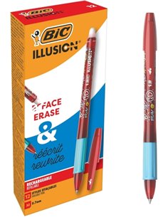 Bic Illusions Stylo à bille Borrable - Pointe Media de 0.7mm - Grip de Goma - Rechargeable - Couleur Rouge