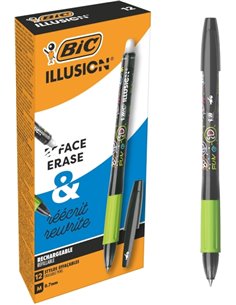 Bic Illusions Stylo à bille Borrable - Pointe Media de 0.7mm - Grip de Goma - Rechargeable - Couleur Noir