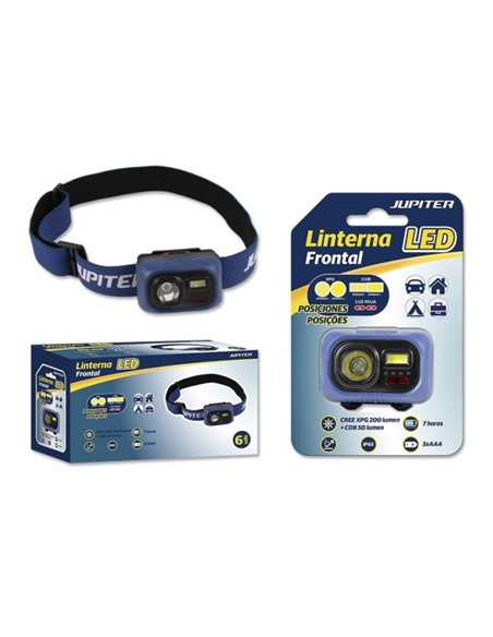 Jupiter Linterna Avant LED 200lm + COB 50lm - Resistencia IP65 - Goma Réglable Pour Cabeza - Funciona Avec 3 Pilas AAA (No Inclu
