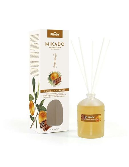 Prady Ambientador Mikado Canela et Orange - Flacon de Cristal 100ml et Varitas Difusoras