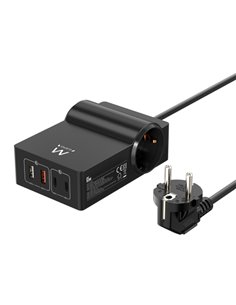 Ewent Cargador USB Avec 2 Tomas de Corriente Tipo Schuko 16A - 65W GaN - 2x USB-À - 2x USB-C - Câble de 1.5m - Protection Infant