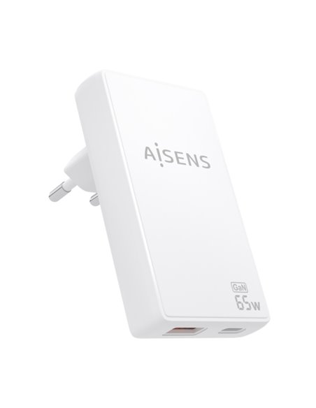 Aisens Cargador GaN Ultra Delgado 65W - 1xUSB-C PD3.0 QC4.0 - 1xUSB-À QC3.0 - Tecnologia AI - Couleur Blanc