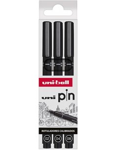 Uni-ball Uni Pin Pack de 3 Feutres Calibrados 0.2, 0.4, 0.8 - Pointe Poliacetal - Encre Pigmentada Résistant à l'eau et Luz - Co