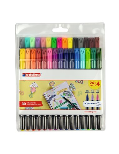 Edding 1200 Pack de 30 Feutres - Pointe Ronde - Encre Avec Base de Eau - Couleurs Clasicos, Neon et Pastel Assortis