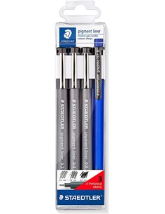 Staedtler Pigment Liner 308 Pack de 3 Feutres Calibrados 0,2 0,4 et 0,8mm + 1 Portaminas 0.5mm - Séchage rapide - Couleur Noir