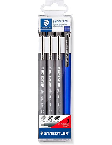Staedtler Pigment Liner 308 Pack de 3 Feutres Calibrados 0,2 0,4 et 0,8mm + 1 Portaminas 0.5mm - Séchage rapide - Couleur Noir
