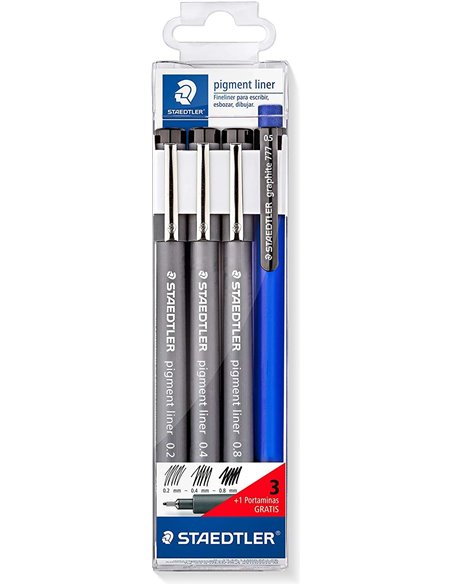 Staedtler Pigment Liner 308 Pack de 3 Feutres Calibrados 0,2 0,4 et 0,8mm + 1 Portaminas 0.5mm - Séchage rapide - Couleur Noir