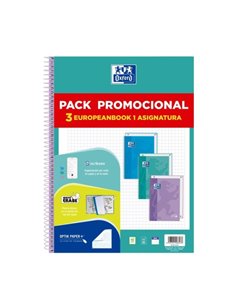 Oxford Europeanbook 1 Touch Pack de 3 Cuadernos Spirale Format A4+ Cuadriculado 5x5mm - 80 Feuilles 90gr - Couvercle Extradura T