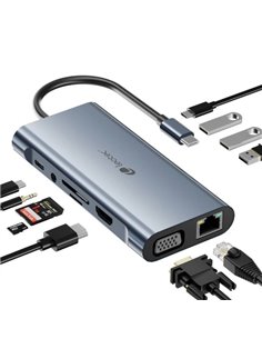 Leotec Adaptateur 11 en 1 USB-C à 1xHDMI, 1xVGA, 1xRJ45, 3xUSB-À 3.0, 1xUSB-C PD, 1xUSB-C, 1xTF+1xSD, 1x Audio - Couleur Gris