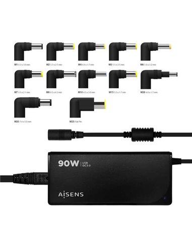 Aisens Cargador 90W Automatico Universal Multitension Pour Portable Avec 12 Conectores + USB-À QC.3.0 - Couleur Noir