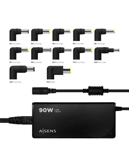 Aisens Cargador 90W Automatico Universal Multitension Pour Portable Avec 12 Conectores + USB-À QC.3.0 - Couleur Noir