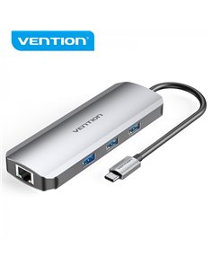 Vention Docking Station 8 en 1 USB-C à HDMI 4K/3xUSB 3.0/Lector SD/MicroSD/RJ45/PD 100W - 0.15m - Couleur Gris