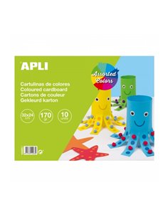 Apli Bloc de 10 Cartulinas 170gr - Sans de Acidos - Idéal Pour Manualidades et Usage Scolaire - Couleurs assorties
