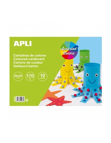 Apli Bloc de 10 Cartulinas 170gr - Sans de Acidos - Idéal Pour Manualidades et Usage Scolaire - Couleurs assorties
