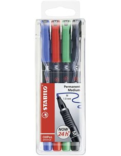 Stabilo OHPen Pack de 4 Feutres Permanentes - Pointe Media - Trait de 1mm - Agarre Antidérapant - Tapon Ventilado - Couleurs ass