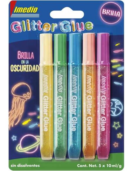 Imedio Glitter Glue "Brilla en la Oscuridad" Pack de 5 Tubos de Pegamento Avec Brillantina 10ml - Brilla en la Oscuridad - Pour 