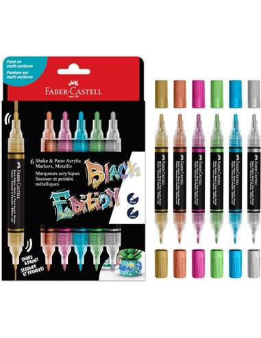 Faber-Castell Shake & Paint Black Edition Pack de 6 Feutres Acrilicos Double Pointe - Puntas Redondas de 1mm et 3mm - Encre Acri