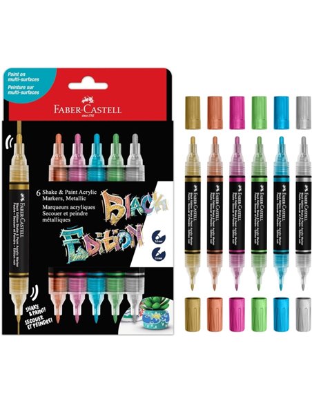 Faber-Castell Shake & Paint Black Edition Pack de 6 Feutres Acrilicos Double Pointe - Puntas Redondas de 1mm et 3mm - Encre Acri