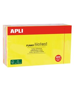 Apli Funny Bloc de 400 Notas Adhesivas Reposicionables 125x75mm - 4 Couleurs assorties (100 Feuilles Par Couleur) - Couleurs Flu