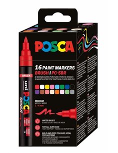 Posca PC-5BR Boîte Avec 16 Marcadores de Pintura - Pointe Brush 1-4mm - Encre Base al Eau - Résistant à la Luz - No Permanent - 