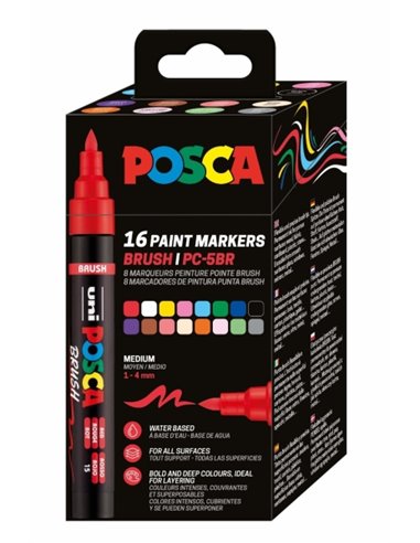 Posca PC-5BR Boîte Avec 16 Marcadores de Pintura - Pointe Brush 1-4mm - Encre Base al Eau - Résistant à la Luz - No Permanent - 