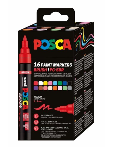 Posca PC-5BR Boîte Avec 16 Marcadores de Pintura - Pointe Brush 1-4mm - Encre Base al Eau - Résistant à la Luz - No Permanent - 