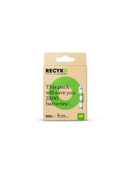 GP ReCyko Pack de 2 Pilas Recargables 950mAh AAA 1.2V - Precargadas - Ciclo de Vida: Jusqu'à 1.000 Veces