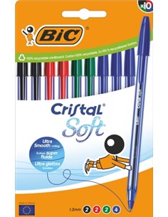 Bic Cristal Soft Pack de 10 Boligrafos de Bola - Pointe Media de 1.2mm - Trait 0.45mm - Escritura mas Fluida - Couleurs assortie
