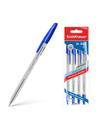 Erichkrause Pack de 4 Boligrafos R-301 Classic Stick 1.0 - Corps Transparent Hexagonal - Pointe de 1.0mm - Encre de Séchage rapi
