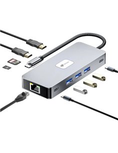 Leotec Adaptateur 10 en 1 USB-C à 2xHDMI, 1xRJ45, 3xUSB-À 3.0, 1xUSB-C PD, 1xUSB-C, 1xTF/SD+1xMicroSD - Couleur Gris