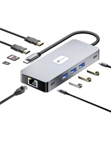 Leotec Adaptateur 10 en 1 USB-C à 2xHDMI, 1xRJ45, 3xUSB-À 3.0, 1xUSB-C PD, 1xUSB-C, 1xTF/SD+1xMicroSD - Couleur Gris