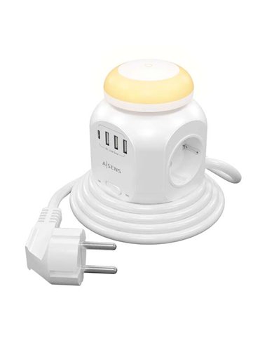 Aisens Regleta de Enchufes Sobremesa Multifuncion Avec 4 Tomas + 1xUSB-C - 3xUSB-À - Luz Nocturna - 1.8m - Couleur Blanc