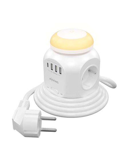Aisens Regleta de Enchufes Sobremesa Multifuncion Avec 4 Tomas + 1xUSB-C - 3xUSB-À - Luz Nocturna - 1.8m - Couleur Blanc