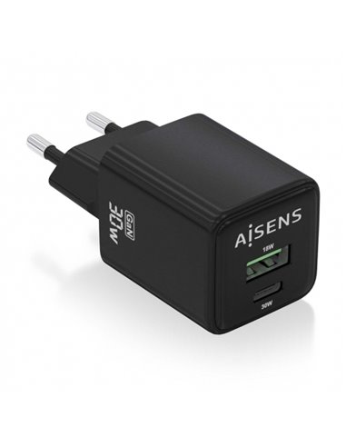 Aisens Cargador Gan USB-C 30W - Haute Eficiencia Energetica - Tecnologia AI Pour Charge rapide - Multiples Protecciones de Sécur