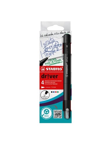 Stabilo Dr!ver Pack de 4 Feutres de Pointe Fina 0.4mm - Encre à Prueba de Manchas, Inodora et Avec Base al Eau - Fabricado Avec 