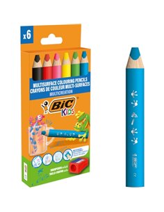 Bic Kids Multisuperficie Pack de 6 Lapices de Couleurs + Sacapuntas - Corps Triangular - Minas Borrables en Superficies No Poros