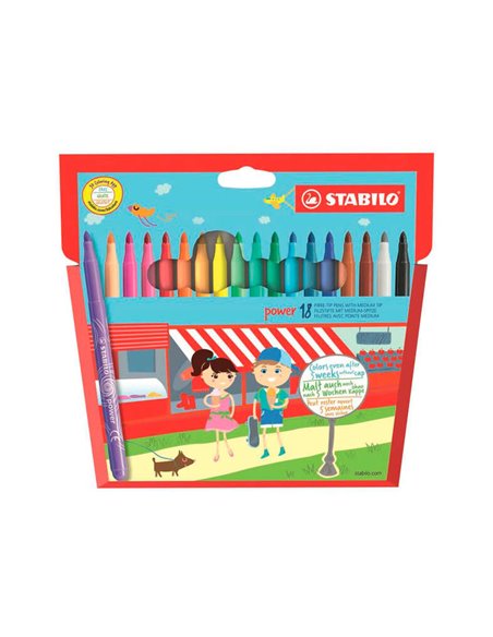Stabilo Power Pack de 18 Feutres de Couleurs - Pointe Media de 2mm - Encre Lavable - Capuchon Ventilado - Couleurs assorties