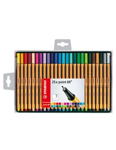 Stabilo Point 88 Pack de 25 Feutres de Pointe Fina de Fibre - Trait de 0.4 mm - Encre Avec Base de Eau - Couleurs assorties