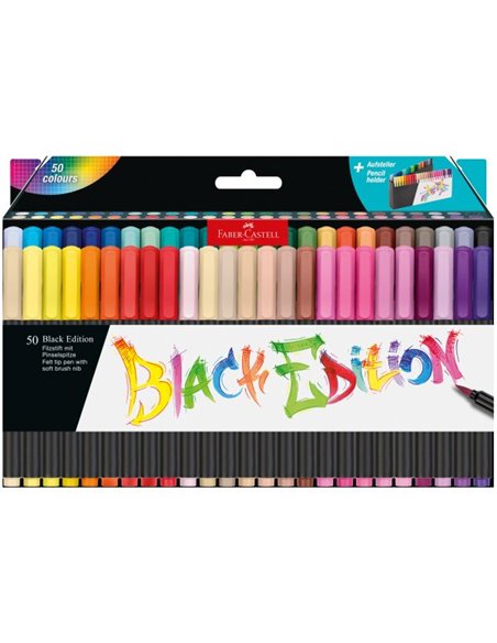 Faber-Castell Black Edition Pack de 50 Feutres Pointe Pincel - Encre à Base de Colorantes Alimentarios - Couleurs assorties