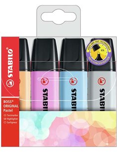 Stabilo Boss 70 Pastel Pack de 4 Marcadores Fluorescentes - Trait entre 2 et 5mm - Rechargeable - Encre Avec Base de Eau - Coule