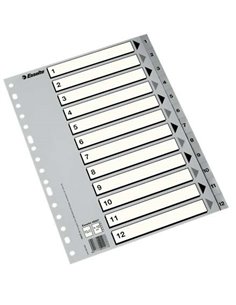 Esselte Indice Numerico de Plastico - Pestañas 1 al 12 - Multitaladro - Format Folio - Couleur Gris