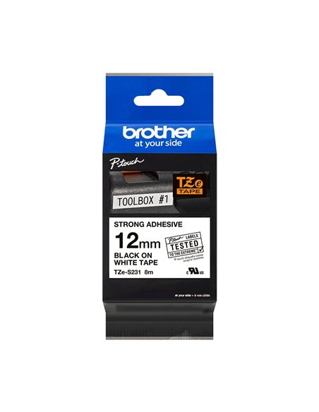 Brother TZeS231 Cinta Laminada Super Adhesiva Original de Etiquetas - Texto Noir sobre fondo Blanc - Ancho 12mm x 8 metros